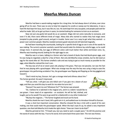 Meerfus Meets Duncan Reading Comprehension Worksheet