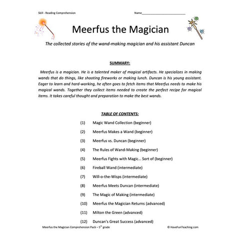Meerfus the Magician Collection Reading Comprehension Worksheets Worksheet