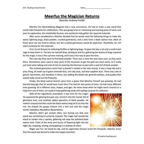 Meerfus the Magician Returns Sixth Reading Comprehension Worksheet