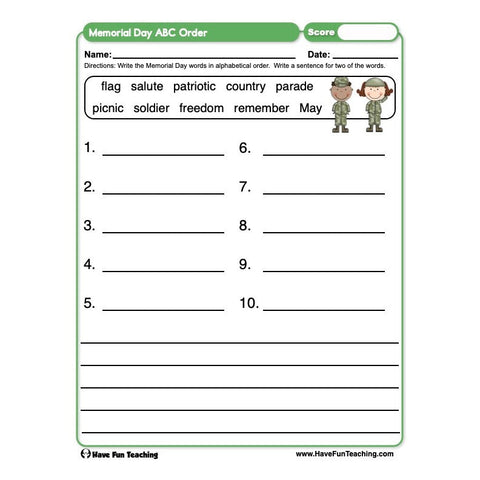 Memorial Day ABC Order Worksheet