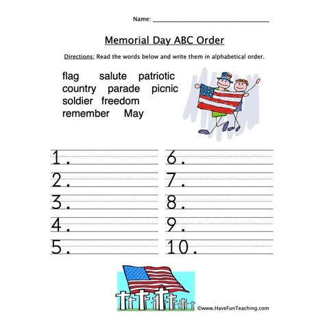 Memorial Day Alphabetical Order Worksheet