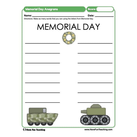 Memorial Day Anagrams Worksheet