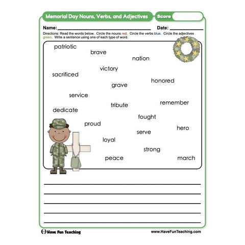 Memorial Day Nouns Verbs Adjectives Worksheet