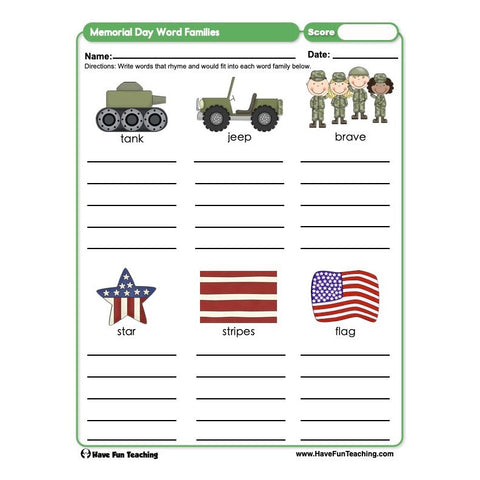 Memorial Day Word Families Worksheet