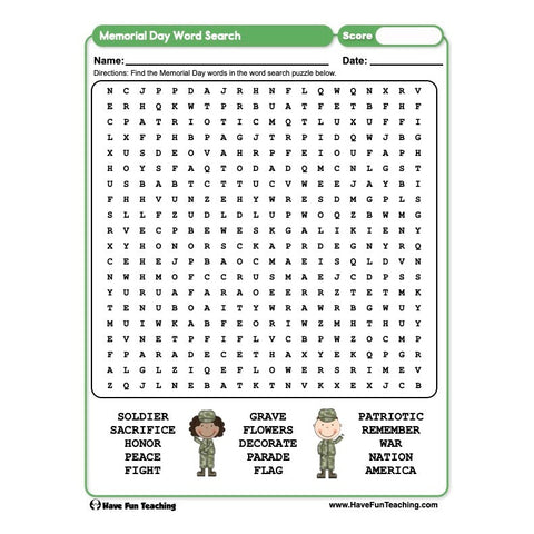 Memorial Day Word Search Worksheet