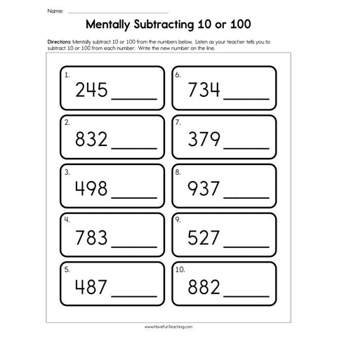 Mentally Subtracting 10 or 100 Worksheet