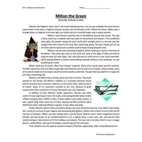 Milton the Green Sixth Reading Comprehension Worksheet