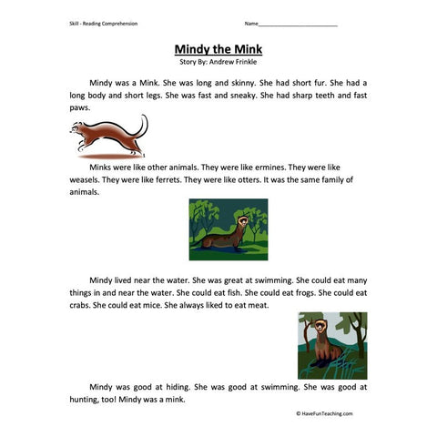 Mindy the Mink Reading Comprehension Worksheet
