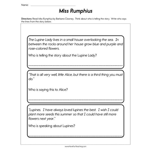 Miss Rumphius Point of View Worksheet
