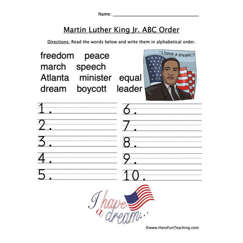 Martin Luther King Jr ABC Order Worksheet