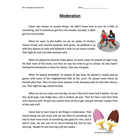 Moderation Reading Comprehension Worksheet