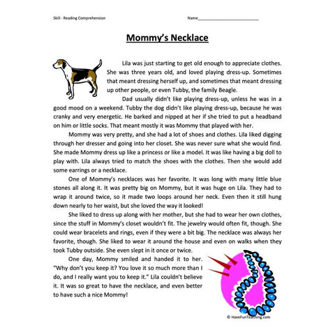 Mommys Necklace Reading Comprehension Worksheet