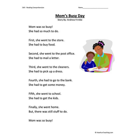 Moms Busy Day Reading Comprehension Worksheet