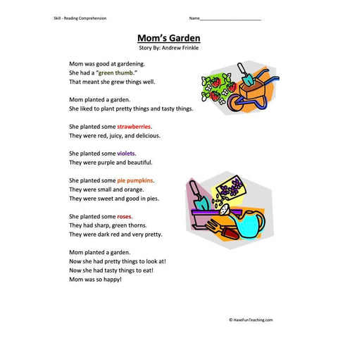 Moms Garden Reading Comprehension Worksheet