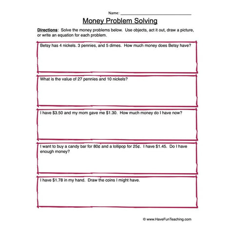 Money Problem Solving Worksheet