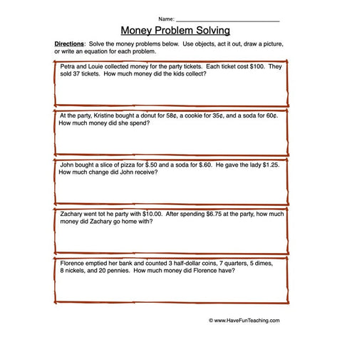 Money Problem Solving Worksheet 3