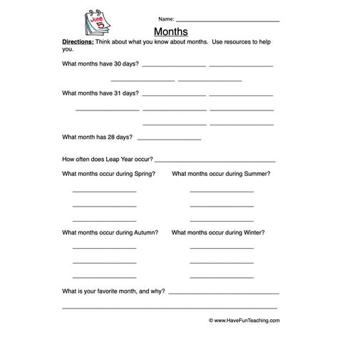 Months Worksheet 2