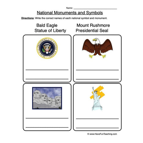 Monuments Symbols Worksheet
