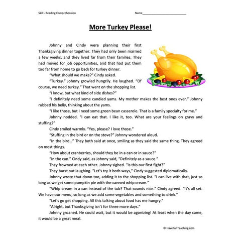 More Turkey Please Reading Comprehension Worksheet