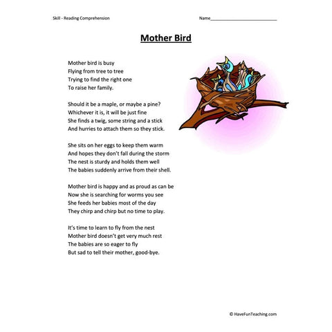 Mother Bird Reading Comprehension Worksheet