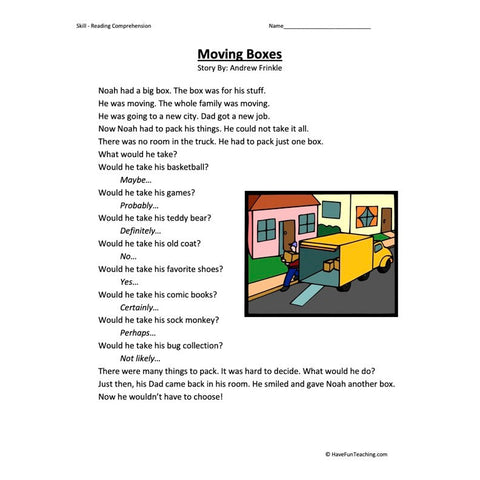 Moving Boxes Reading Comprehension Worksheet