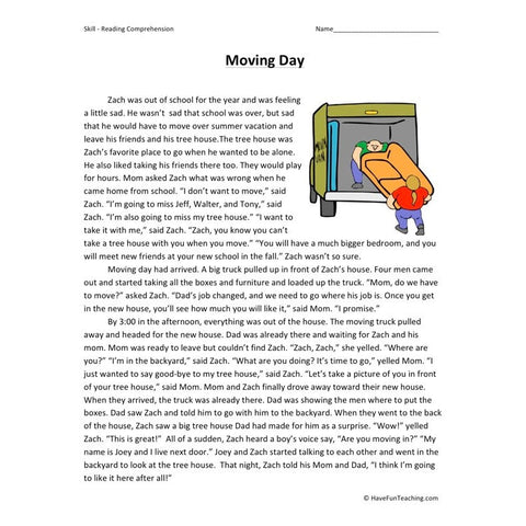 Moving Day Reading Comprehension Worksheet