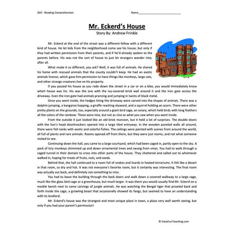 Mr Eckerds House Sixth Reading Comprehension Worksheet