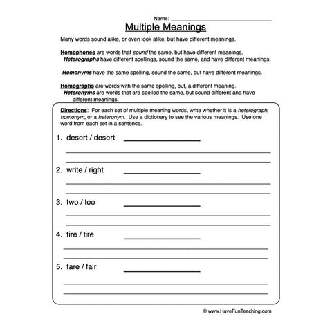 Multiple Meaning Worksheet 3