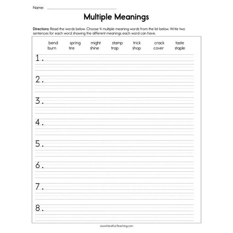 Multiple Meanings Writing Sentences Worksheet