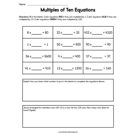 Multiples of Ten Equations Worksheet