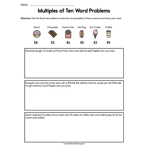 Multiples of Ten Menu Worksheet