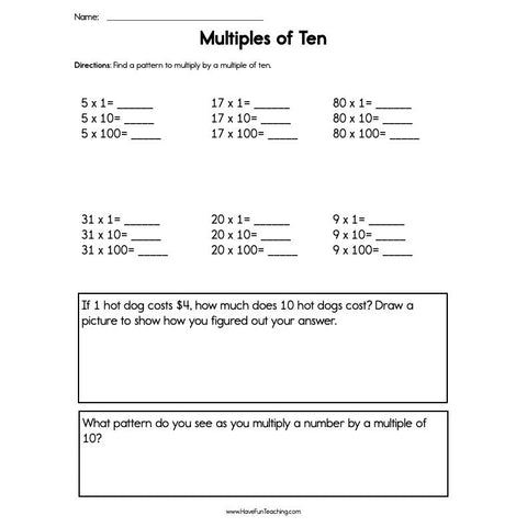 Multiples of Ten Worksheet