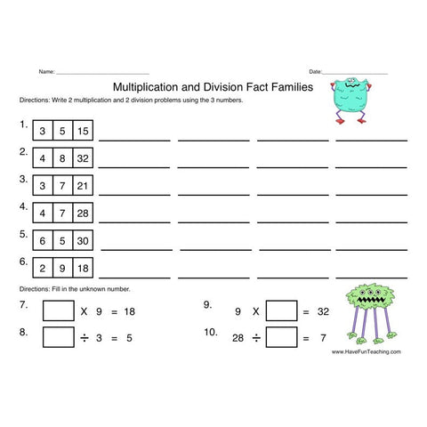 Multiplication Division Fact Families Worksheet