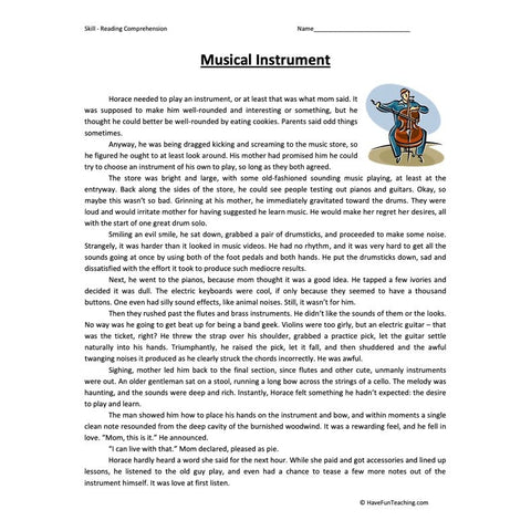 Musical Instrument Reading Comprehension Worksheet