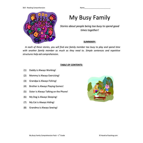 My Busy Family Collection Reading Comprehension Worksheets Worksheet
