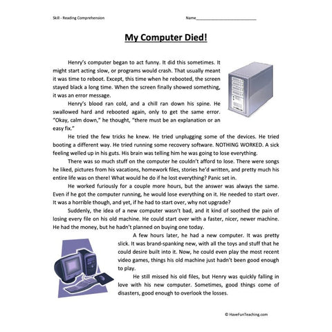 My Computer Died Reading Comprehension Worksheet