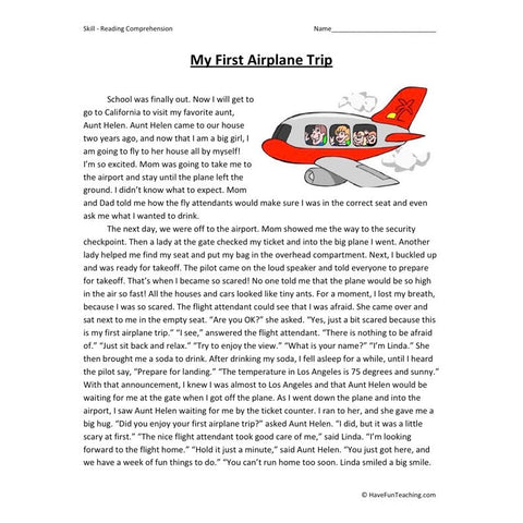 My First Airplane Trip Reading Comprehension Worksheet