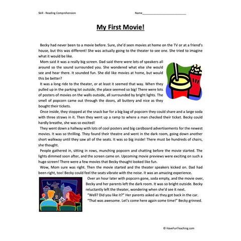 My First Movie Reading Comprehension Worksheet