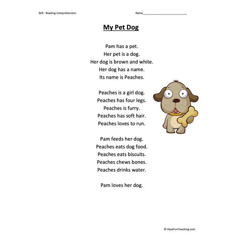 My Pet Dog Kindergarten Reading Comprehension Worksheet