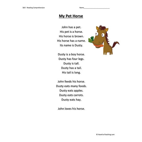 My Pet Horse Kindergarten Reading Comprehension Worksheet