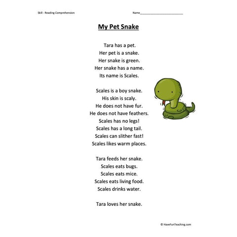 My Pet Snake Kindergarten Reading Comprehension Worksheet