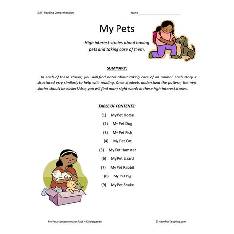 My Pets Collection Kindergarten Reading Comprehension Worksheets Worksheet