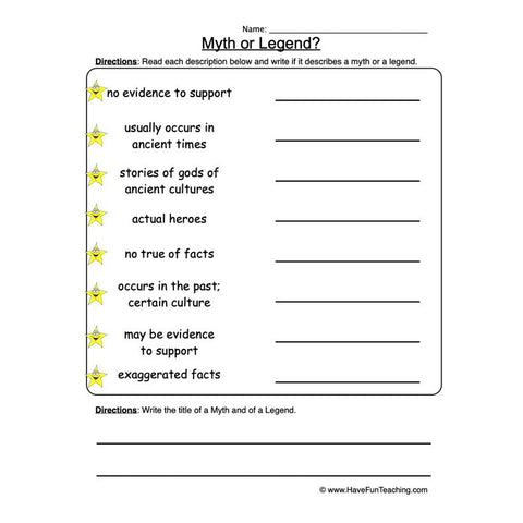 Myths Legends Worksheet