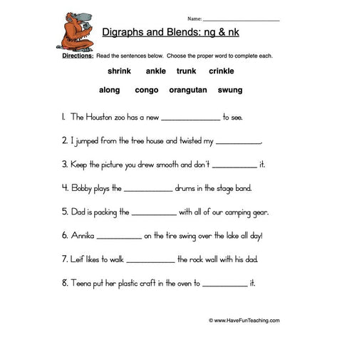 N Digraphs Worksheet