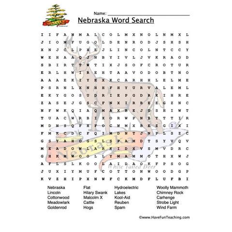 Nebraska Wordsearch Worksheet
