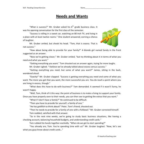 Needs and Wants Reading Comprehension Worksheet