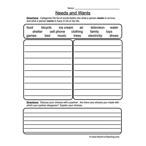 Needs Wants Worksheet