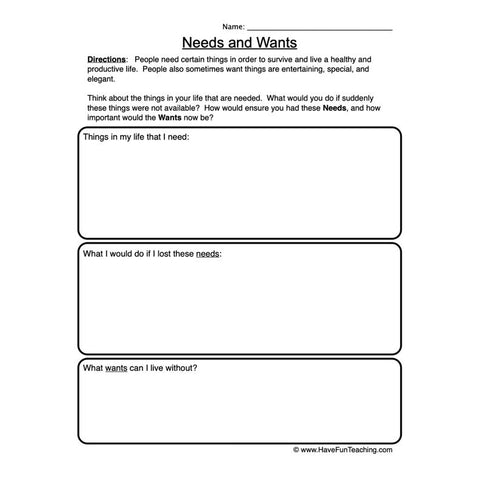 Needs Wants Worksheet 2