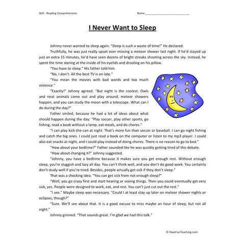 Never Want Sleep Reading Comprehension Worksheet
