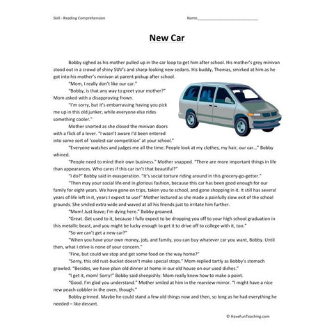 New Car Reading Comprehension Worksheet